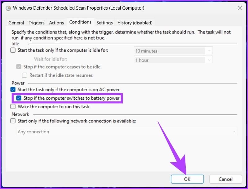 check-Stop-if-the-computer-switches-to-battery-power-option-800x611 2 طرق سريعة لجدولة فحص Windows Defender