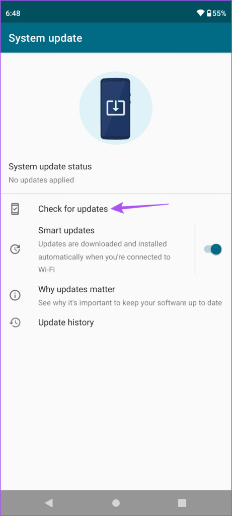 check updates android settings 461x1024 1 - أفضل 6 إصلاحات لعدم عمل ردود الفعل في تطبيق Google Messages