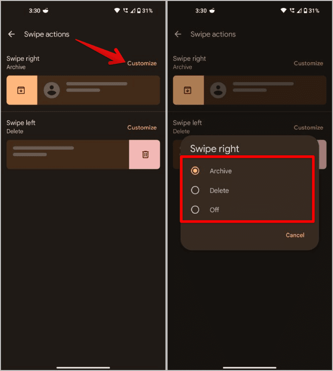 customizing-swipe-gestures-on-Google-Messages كيفية تكوين إيماءة التمرير السريع على رسائل Google