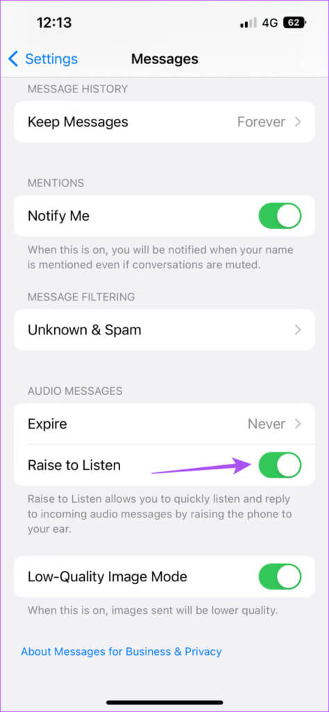 disable-raise-to-listen-iphone-imessage-474x1024-1-474x1024 أفضل 6 إصلاحات لمستويات الصوت المنخفضة لتشغيل الرسائل الصوتية في iMessage