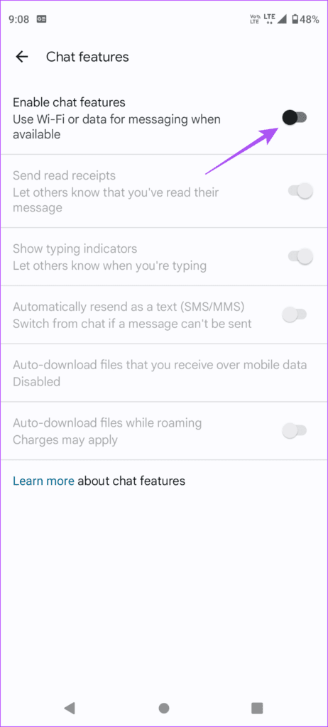 enable chat features messages app android 462x1024 1 - أفضل 6 إصلاحات لعدم عمل ردود الفعل في تطبيق Google Messages