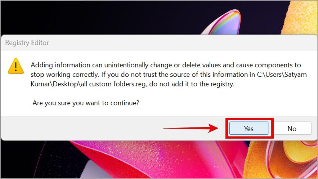 regedit-confirmation-dialog-box-1084x611 كيفية إضافة أي مجلد مخصص إلى هذا الكمبيوتر على نظام التشغيل Windows 10/11