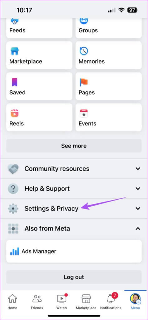 settings-and-privacy-facebook-app-iphone-474x1024-1-474x1024 أفضل 5 إصلاحات لعدم عمل الوضع الداكن في تطبيق Facebook على iPhone