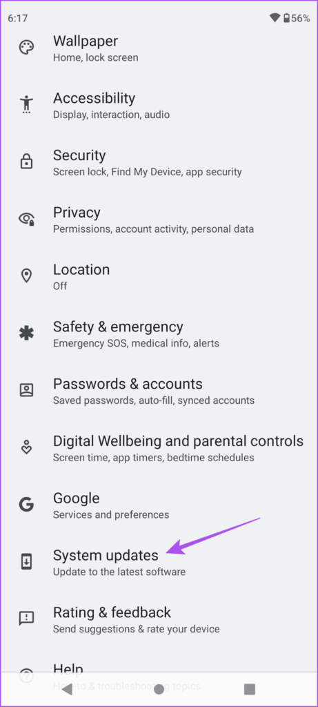 system updates settings android 461x1024 1 - أفضل 6 إصلاحات لعدم عمل ردود الفعل في تطبيق Google Messages