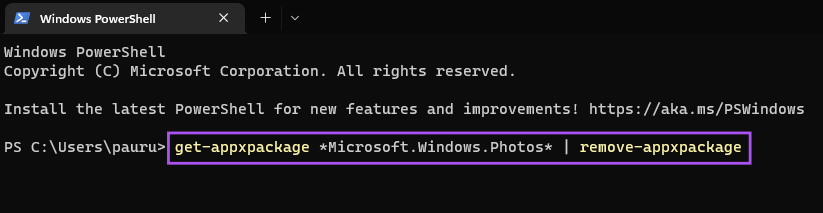 uninstall photos app using powershell - أفضل 6 إصلاحات لعدم عمل مفاتيح الأسهم في تطبيق الصور على Windows 11