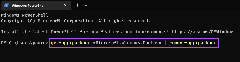 uninstall-photos-app-using-powershell أفضل 6 إصلاحات لعدم عمل مفاتيح الأسهم في تطبيق الصور على Windows 11