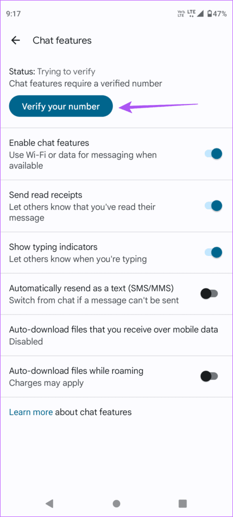 verify your number chat features android 462x1024 1 - أفضل 6 إصلاحات لعدم عمل ردود الفعل في تطبيق Google Messages
