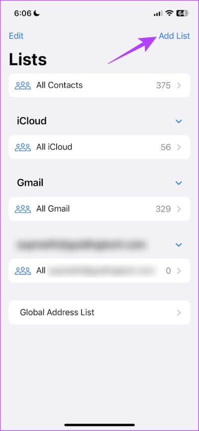 Add-List-1 كيفية فرز جهات الاتصال على iPhone و iPad بالاسم الأول أو اسم العائلة