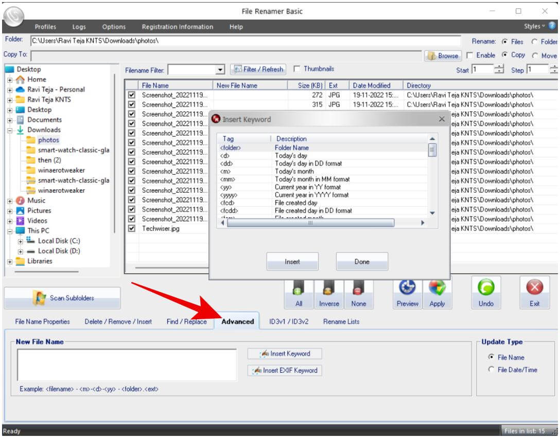 Advanced-option-on-File-Renamer-Basic-app-on-Windows 4 طرق لإعادة تسمية ملفات متعددة مرة واحدة على Windows 10 و 11