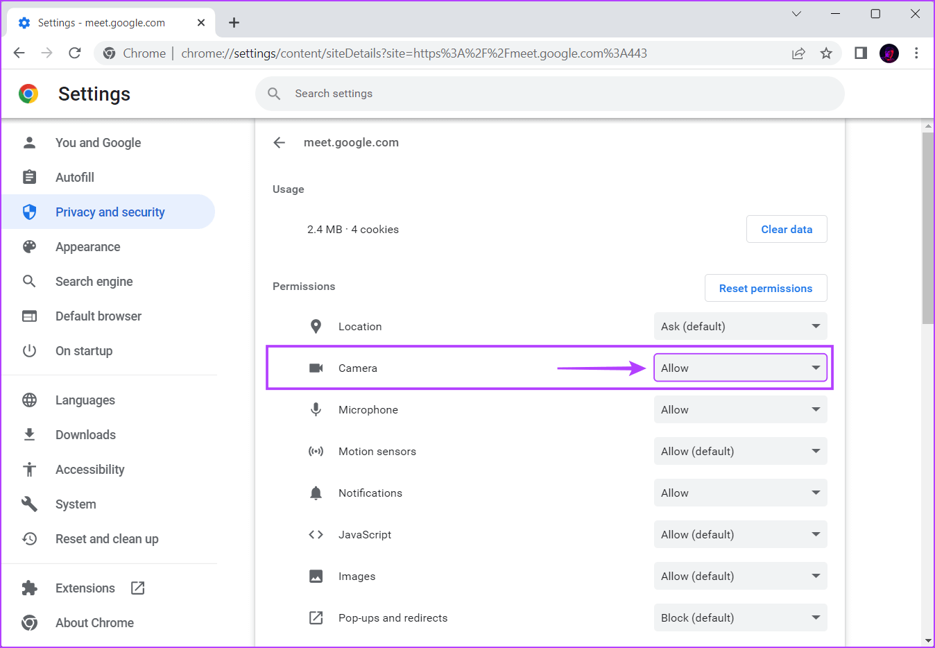 Allow-the-Camera-permission أفضل 7 طرق لإصلاح عدم عمل الكاميرا في Google Chrome على Windows 11
