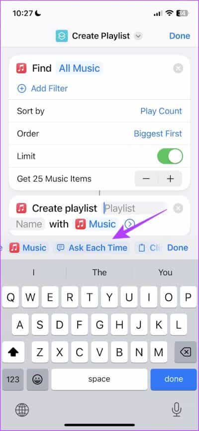 Ask-Each-Time كيفية عمل قائمة تشغيل على Apple Music وفرزها على iPhone
