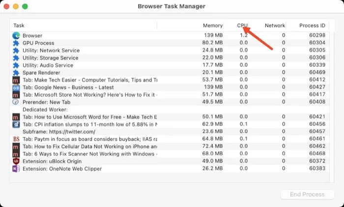Chrome-Task-Manager.jpeg كيفية إصلاح استخدام وحدة المعالجة المركزية العالي على جهاز Mac