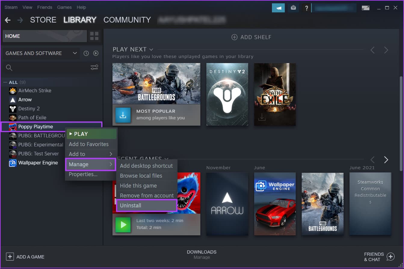 Clcik-Uninstall أفضل 9 طرق لإصلاح عدم تشغيل ألعاب Steam على Windows 11