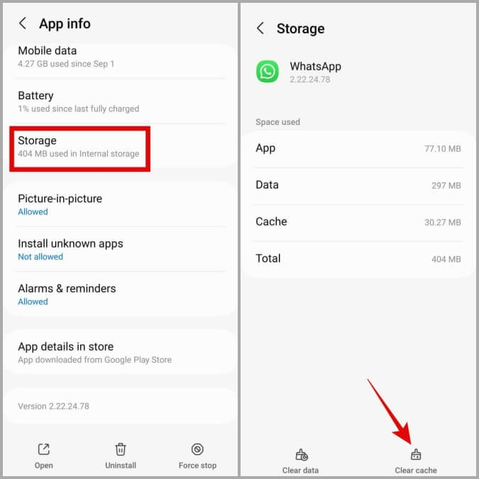 Clear-WhatsApp-Cache-on-Android أفضل 9 طرق لإصلاح عدم عمل كاميرا WhatsApp على نظام Android