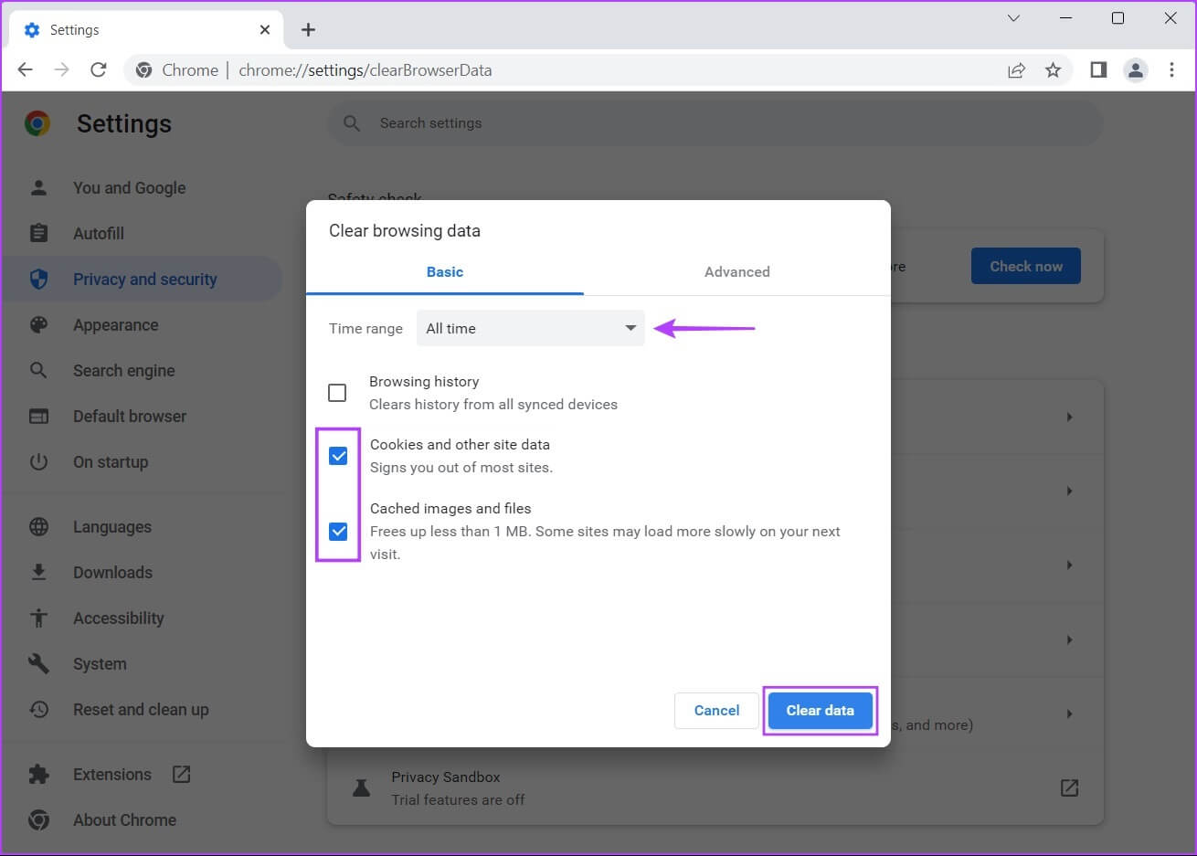 Click-On-Clear-data-1 أفضل 7 طرق لإصلاح عدم عمل الكاميرا في Google Chrome على Windows 11