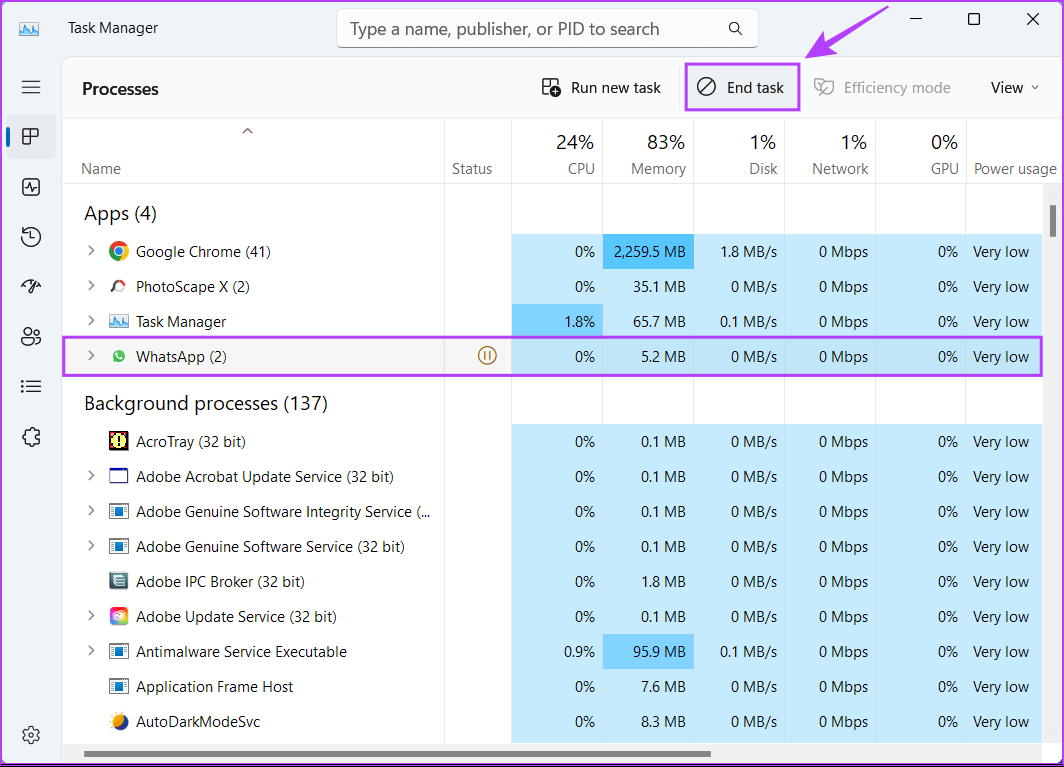 Close-WhatsApp-Using-Task-Manager-1 أفضل 7 طرق لإصلاح عدم عمل الكاميرا في Google Chrome على Windows 11