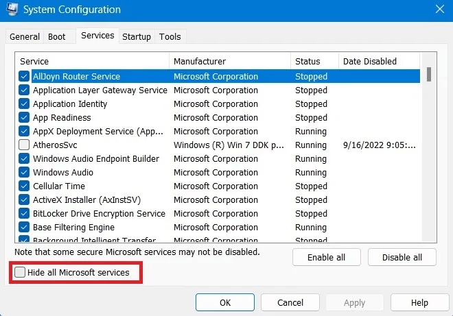 Common Windows Problems Solution System Configuration Hide all Microsoft Services.jpg - مشاكل Windows الأكثر شيوعًا وكيفية حلها