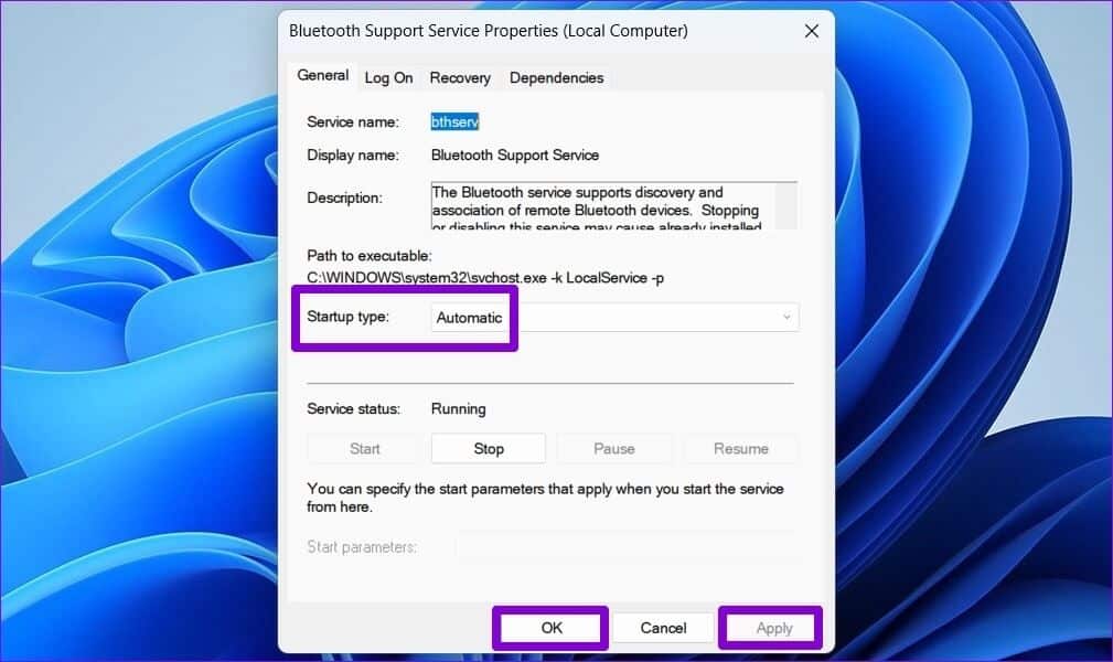 Configure-Bluetooth-Support-Service أفضل 6 طرق لإصلاح جهاز Bluetooth مقترن ولكن غير متصل بنظام Windows 11