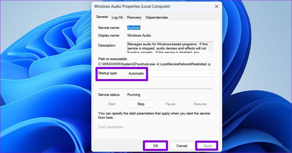 Configure-Windows-Audio-Service أفضل 6 طرق لإصلاح خطأ لم يتم تثبيت أي جهاز صوتي على Windows 11