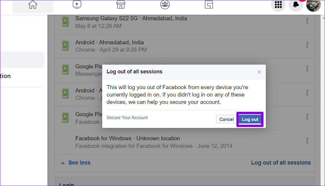 Confirm-Log-Out-of-All-Sessions-Facebook أفضل 6 طرق لإصلاح عدم تسجيل الدخول Facebook Messenger على Android و iPhone