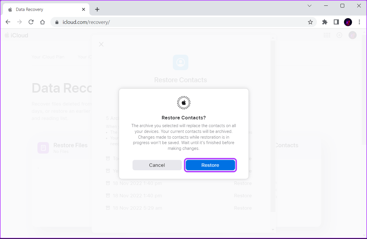 Confirm-the-Restore كيفية استرداد جهات الاتصال المحذوفة مؤخرًا على Android و iOS