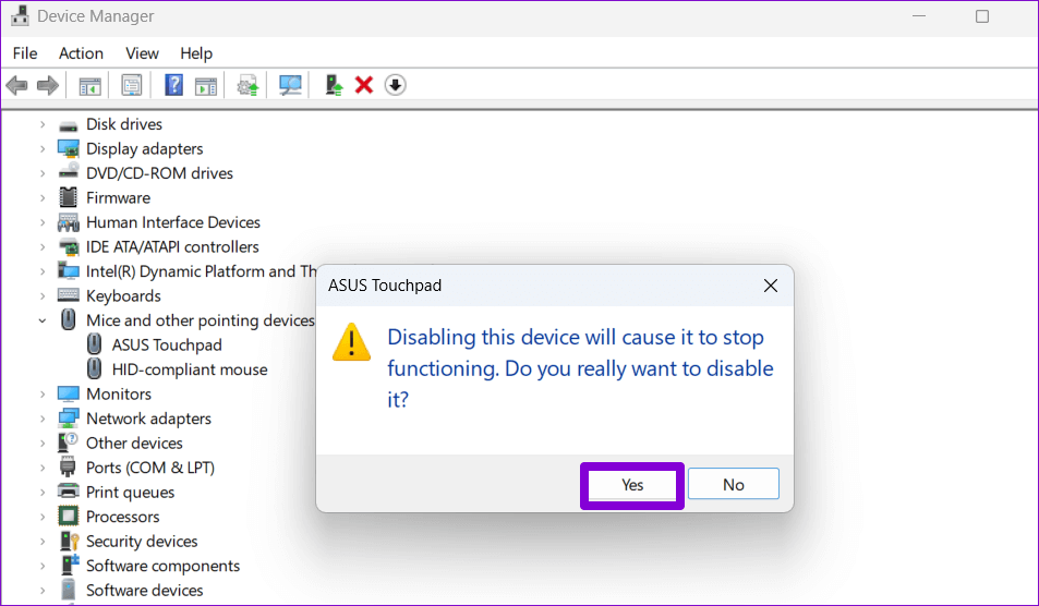 Confirmation-Box-Disable-Touchpad-Using-Device-Manager أفضل 5 طرق لتعطيل لوحة اللمس في أجهزة الكمبيوتر المحمولة Windows 11