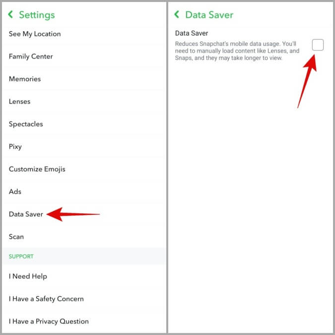 Disable-Snapchat-Data-Saver-on-Mobile أفضل 8 طرق لإصلاح تأخر تطبيق Snapchat على الهاتف المحمول