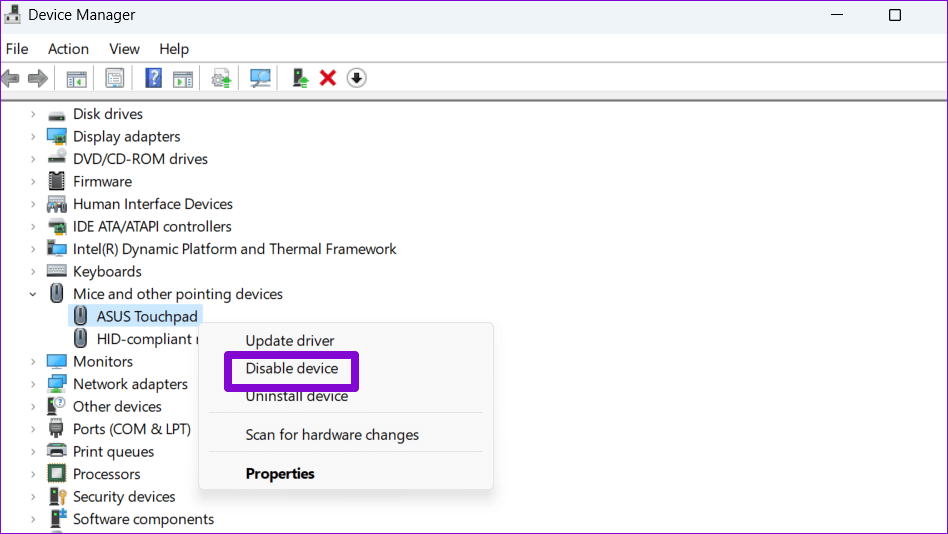 Disable-Touchpad-Using-Device-Manager أفضل 5 طرق لتعطيل لوحة اللمس في أجهزة الكمبيوتر المحمولة Windows 11