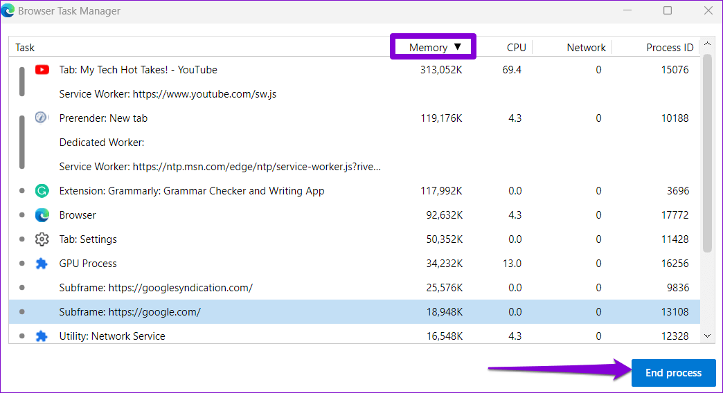 Edge-Browser-Task-Manager-1 أفضل 8 طرق لإصلاح استخدام الذاكرة المرتفع في Microsoft Edge على Windows 10 و Windows 11