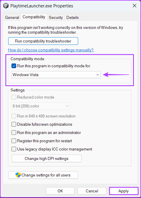 Enable-Compabality-Mode أفضل 9 طرق لإصلاح عدم تشغيل ألعاب Steam على Windows 11