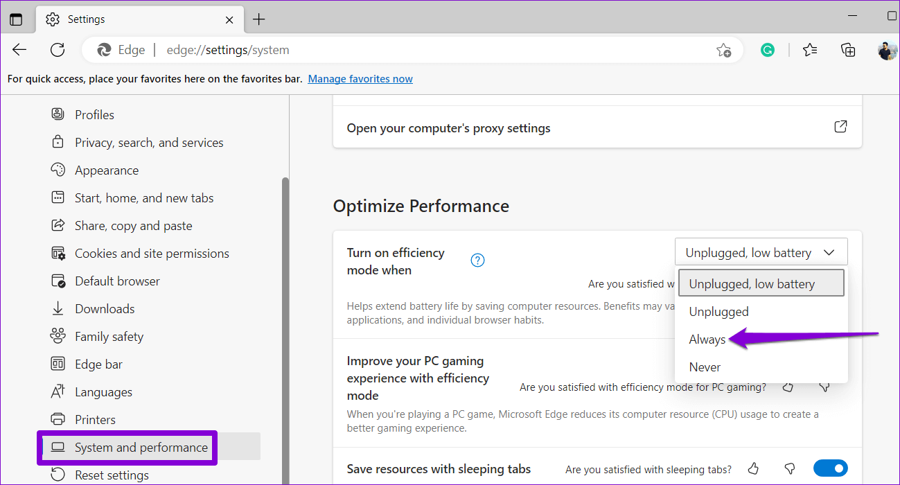 Enable-Efficiency-Mode-in-Edge أفضل 8 طرق لإصلاح استخدام الذاكرة المرتفع في Microsoft Edge على Windows 10 و Windows 11