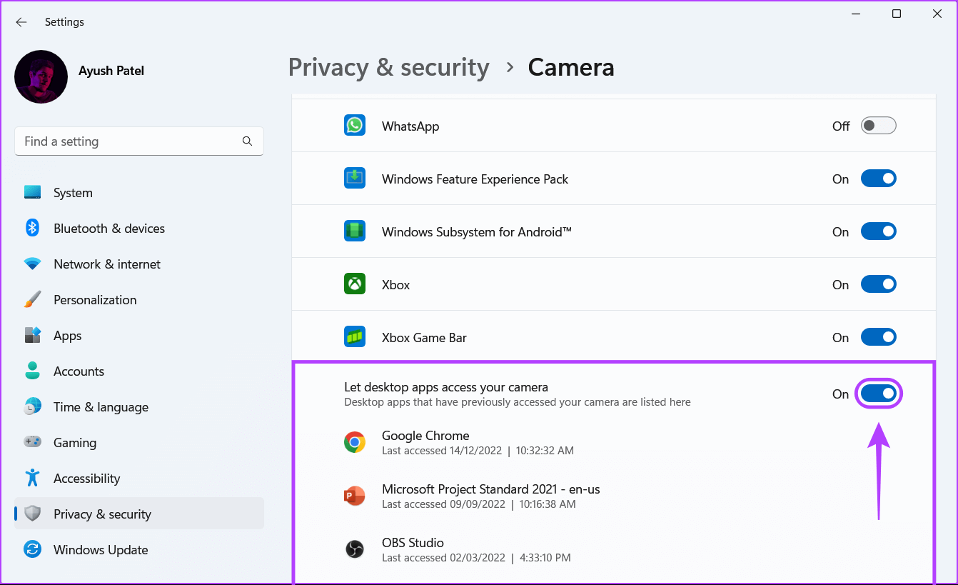 Enable-Let-desktop-apps-access-your-camera-toggle أفضل 7 طرق لإصلاح عدم عمل الكاميرا في Google Chrome على Windows 11