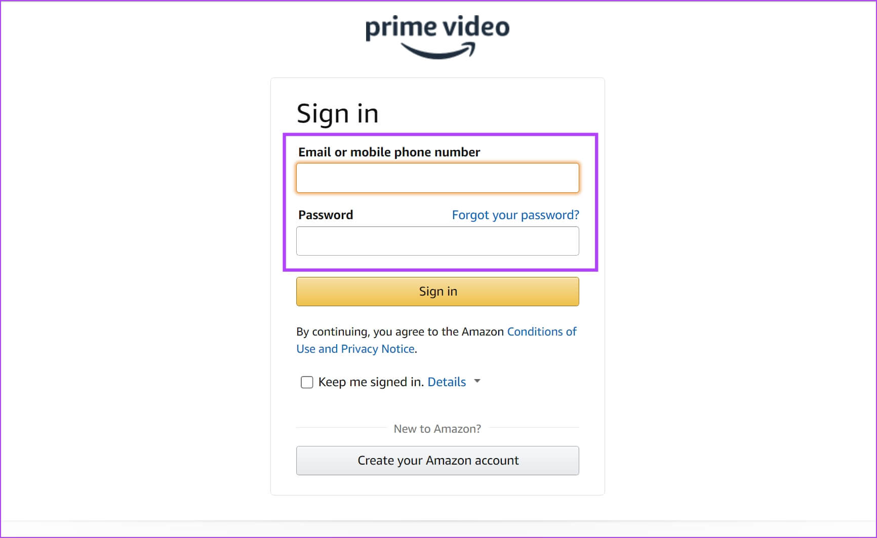 Enter-your-sign-in-details 10 طرق لإصلاح عدم تشغيل Amazon Prime Video بدقة عالية على المتصفح