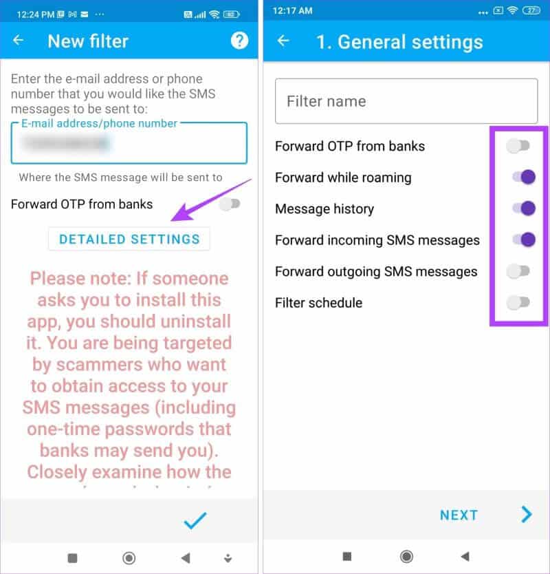 Filter-Settings كيفية إعادة توجيه الرسائل النصية تلقائيًا إلى هاتف أو كمبيوتر آخر على Android