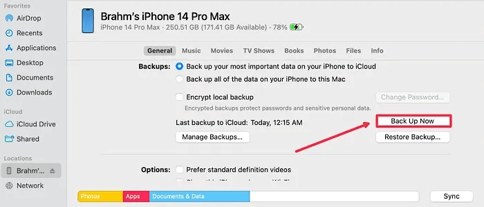 Finder-iTunes-back-up-now-button.jpg كيفية إعادة ضبط المصنع لجهاز iPhone