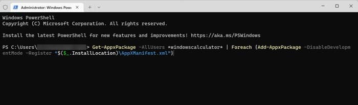 Fix-Calculator-PowerShell-1 كيفية إصلاح عدم عمل تطبيق الآلة الحاسبة في Windows