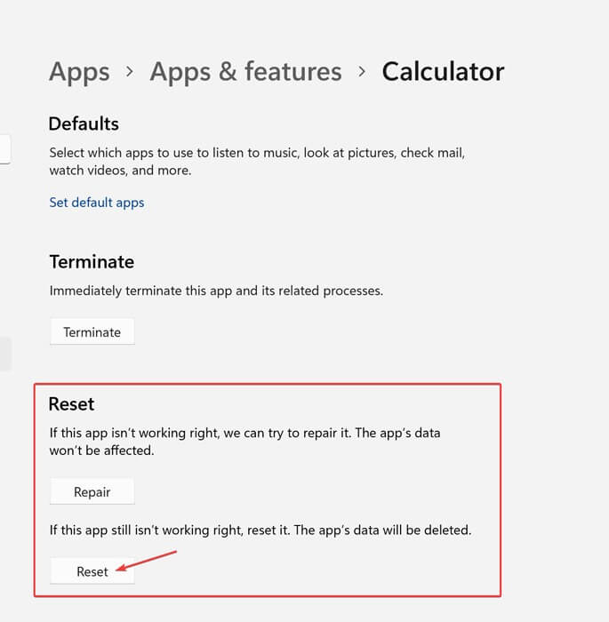 Fix-Calculator-Reset-Section كيفية إصلاح عدم عمل تطبيق الآلة الحاسبة في Windows