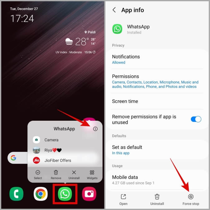 Force-Stop-WhatsApp أفضل 9 طرق لإصلاح عدم عمل كاميرا WhatsApp على نظام Android