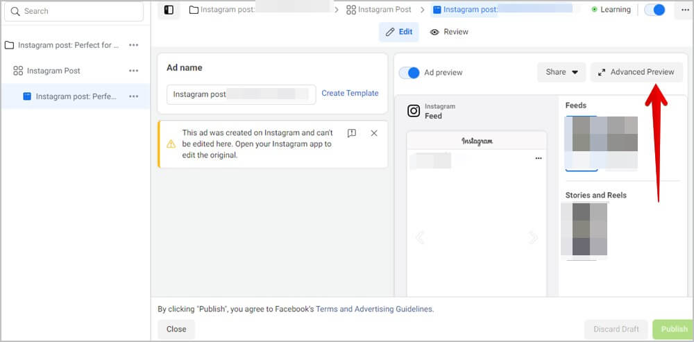 Instagram-Ad-Advanced-preview كيفية إيقاف تشغيل التعليقات على منشورات أو البث المباشر أو الإعلانات أو الفيديو على Instagram