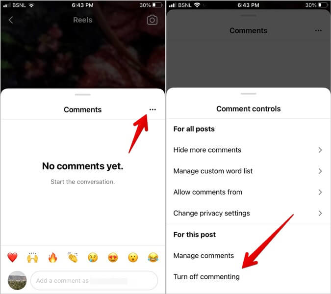 Instagram-Reel-Disable-comments كيفية إيقاف تشغيل التعليقات على منشورات أو البث المباشر أو الإعلانات أو الفيديو على Instagram