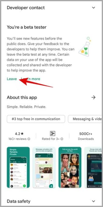 Leave-WhatsApp-Beta-on-Android أفضل 9 طرق لإصلاح عدم عمل كاميرا WhatsApp على نظام Android
