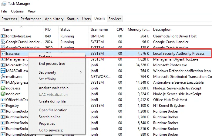 Lsass-process-in-task-manager-1.png ما هو lsass.exe ولماذا يستهلك ذاكرة الوصول العشوائي الخاصة بي؟