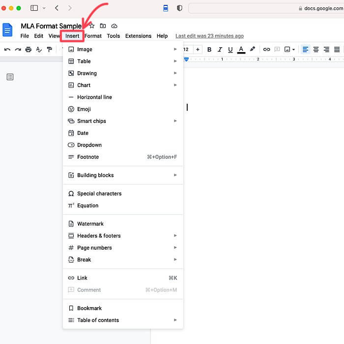 MLA-Insert-Task-Bar كيفية الكتابة بتنسيق MLA في مستندات Google