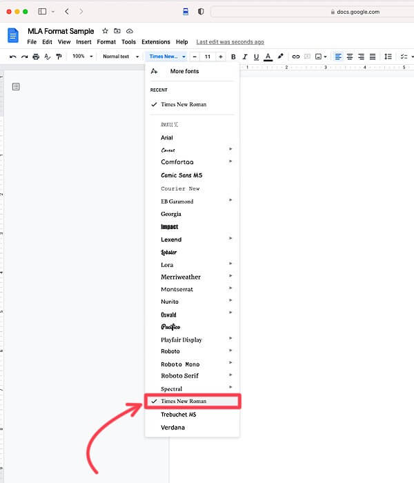 MLA-font-TNR كيفية الكتابة بتنسيق MLA في مستندات Google