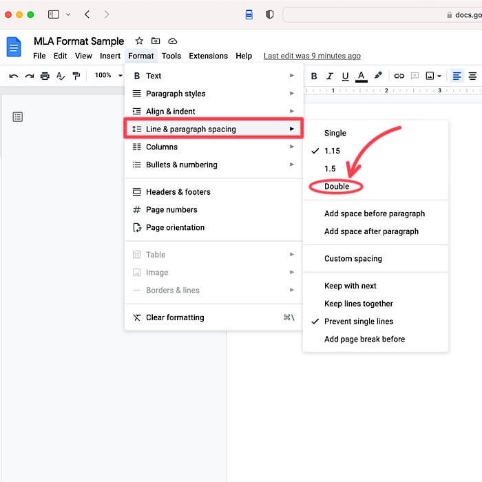 MLA-line-paragraph-double كيفية الكتابة بتنسيق MLA في مستندات Google