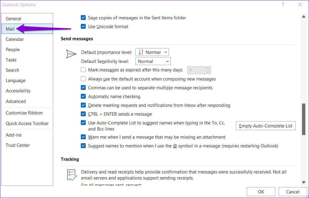 Mail-Tab-in-Outlook-Options أفضل 5 طرق لإصلاح عدم ظهور جهات الاتصال في Outlook على Windows 11