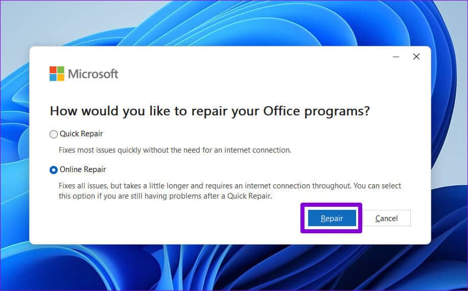 Microsoft-Office-Online-Repair أفضل 5 طرق لإصلاح عدم ظهور جهات الاتصال في Outlook على Windows 11