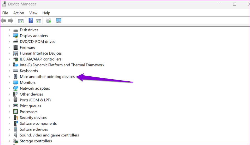 Mouse-and-Pointing-Devices-in-Device-Manager أفضل 5 طرق لتعطيل لوحة اللمس في أجهزة الكمبيوتر المحمولة Windows 11