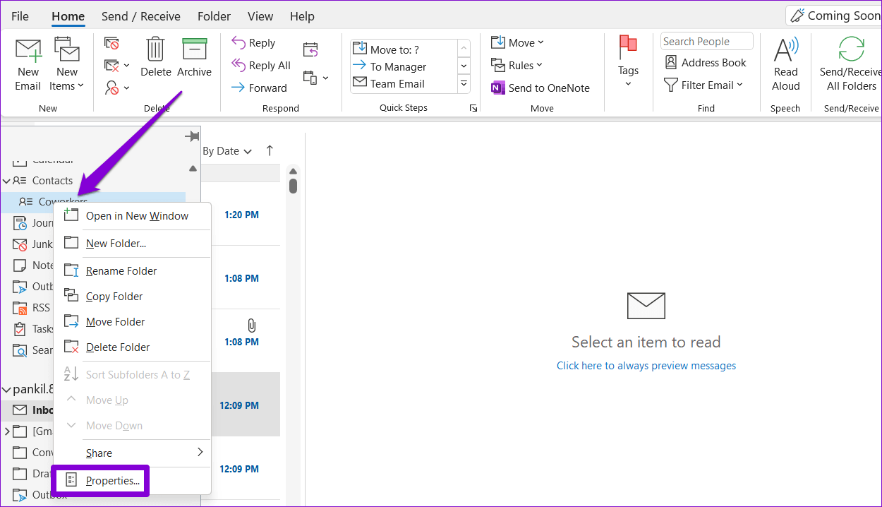 Outlook-Contact-Folder-Properties-1 أفضل 5 طرق لإصلاح عدم ظهور جهات الاتصال في Outlook على Windows 11