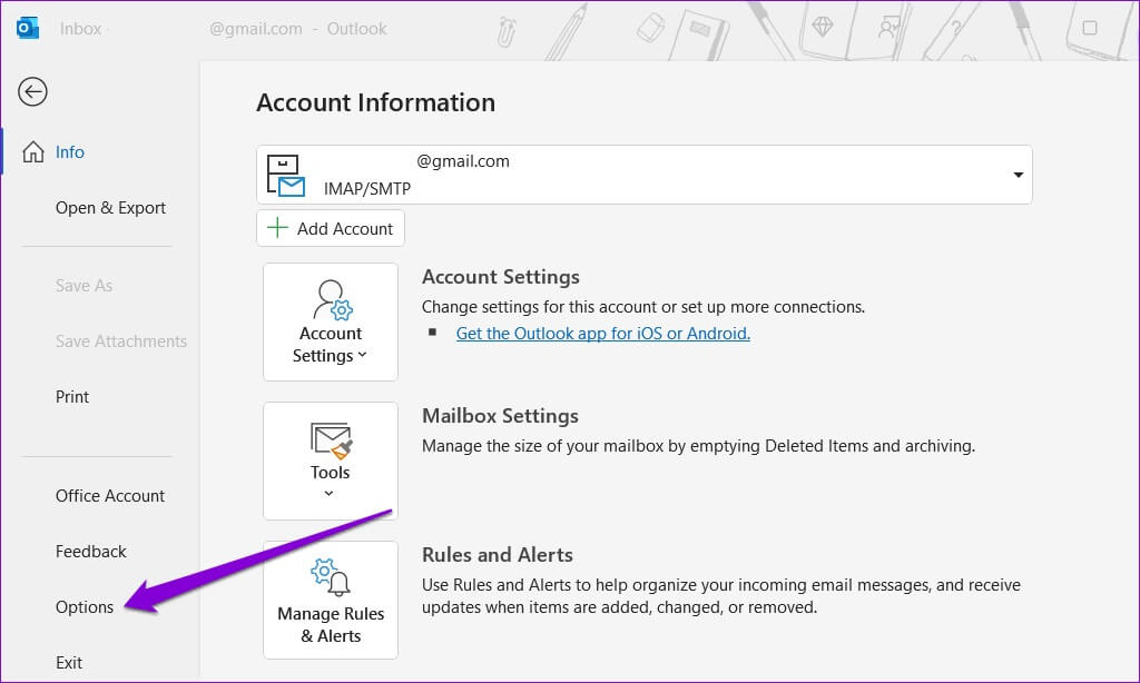 Outlook-Options-6 أفضل 5 طرق لإصلاح عدم ظهور جهات الاتصال في Outlook على Windows 11